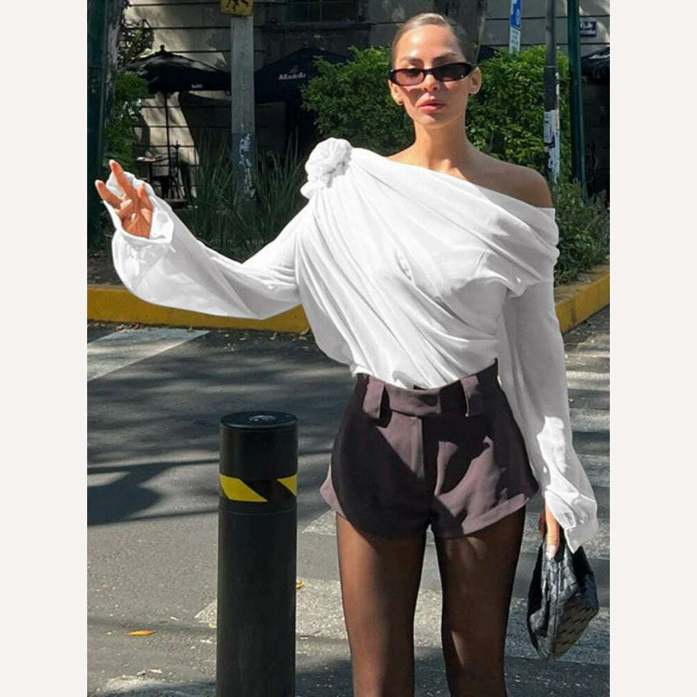 KIMLUD, 2024 New Women's Blouse Sexy Sker Collar Long Sleeve Ladies Office Blouse and Shirts Female Tops Elegant 3D Flower Shirts, White / S, KIMLUD Womens Clothes