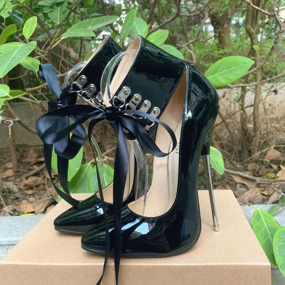 KIMLUD, 2024 Newly Riband Ankle Strap 16cm Pumps Extreme High Heels Lace Up Bow Fetish Cosplay Drag Queen Cross Dresser Unisex Shoes, KIMLUD Womens Clothes