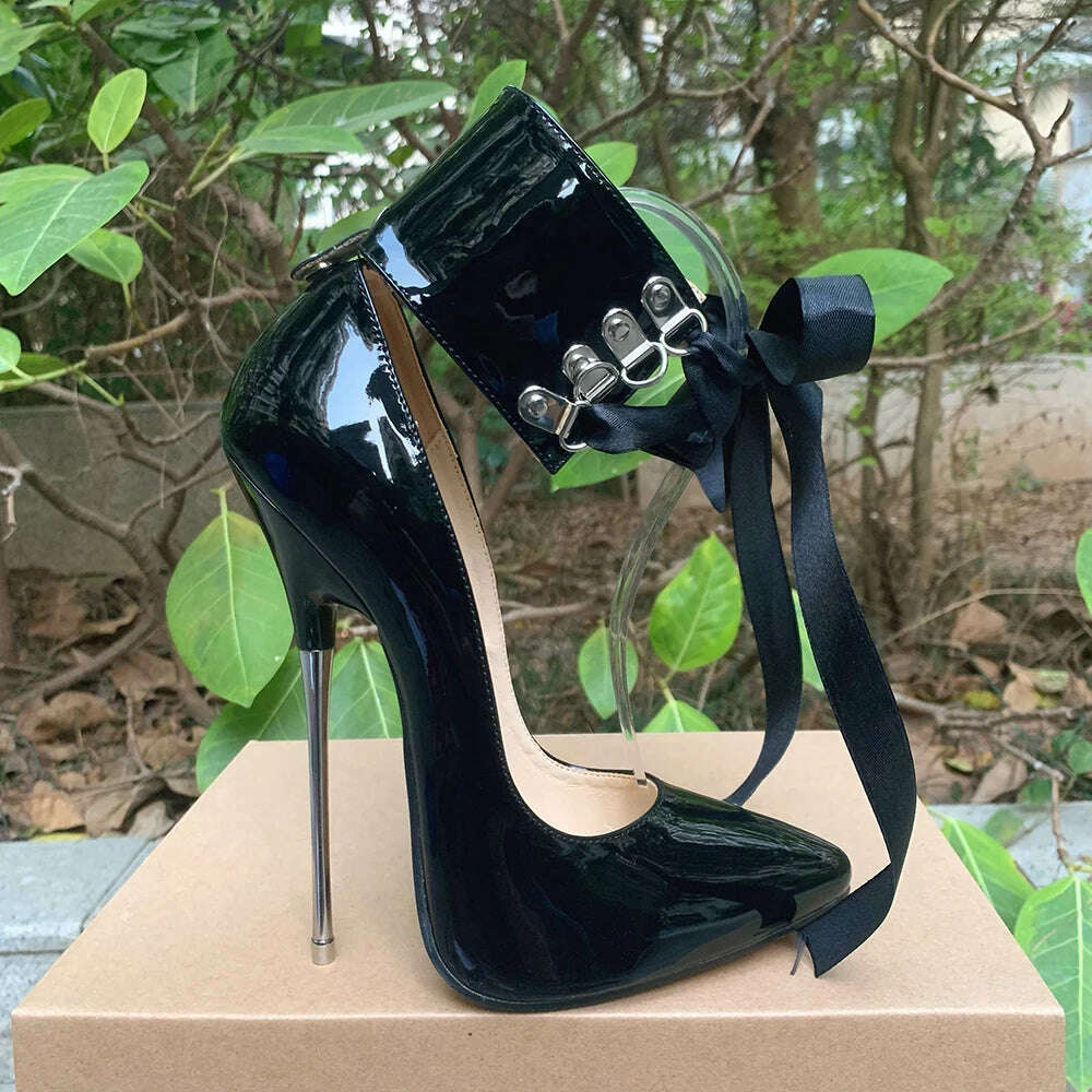 KIMLUD, 2024 Newly Riband Ankle Strap 16cm Pumps Extreme High Heels Lace Up Bow Fetish Cosplay Drag Queen Cross Dresser Unisex Shoes, KIMLUD Womens Clothes