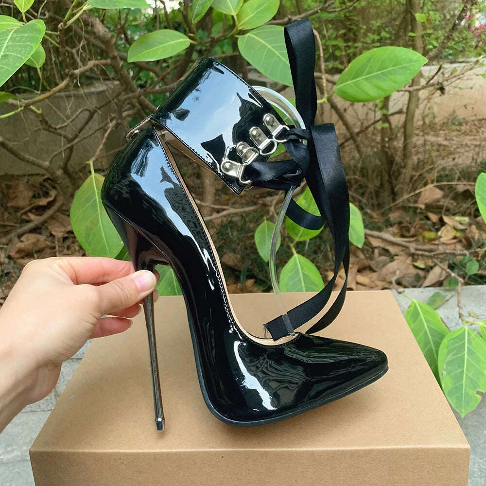 KIMLUD, 2024 Newly Riband Ankle Strap 16cm Pumps Extreme High Heels Lace Up Bow Fetish Cosplay Drag Queen Cross Dresser Unisex Shoes, KIMLUD Womens Clothes