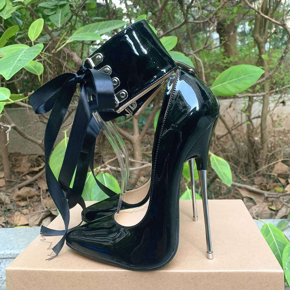 KIMLUD, 2024 Newly Riband Ankle Strap 16cm Pumps Extreme High Heels Lace Up Bow Fetish Cosplay Drag Queen Cross Dresser Unisex Shoes, KIMLUD Womens Clothes
