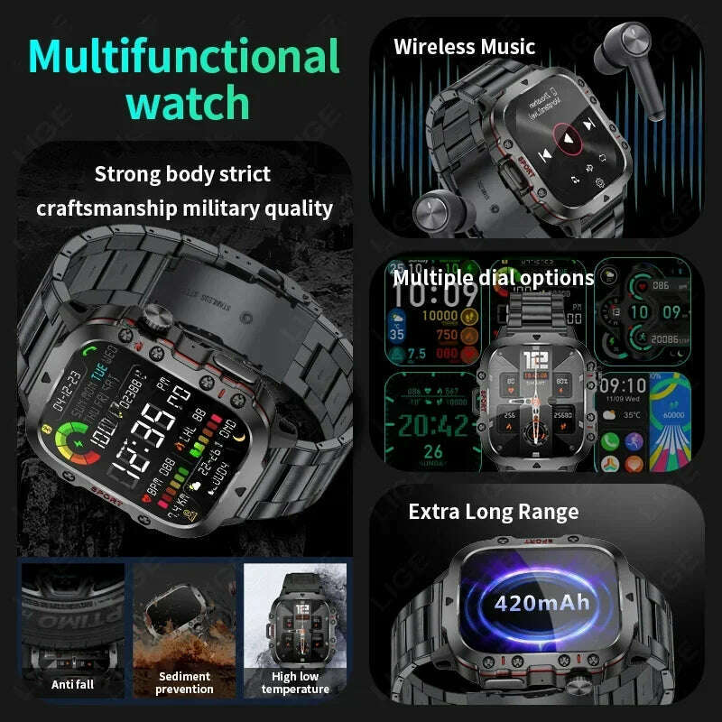 2024 Rugged Military Smart Watch Men Outdoor Watches lP68 Waterproof 2.01" Al Voice Bluetooth Call Smartwatch For Android lOS - KIMLUD