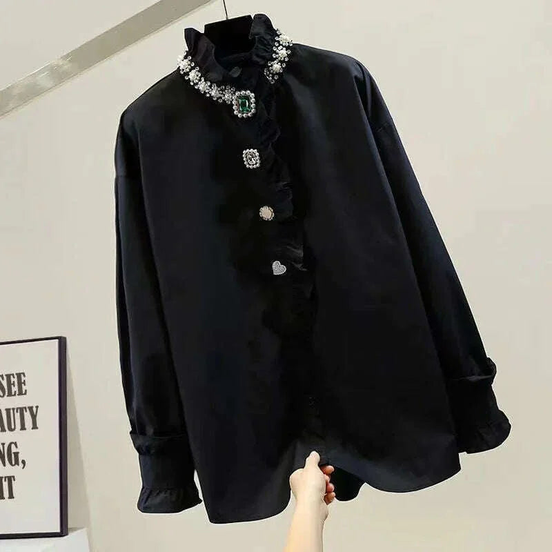 KIMLUD, 2024 Spring Autumn Fashion Black White Blouse for Women Beads Diamonds Collar Bottoming Shirt Loose Oversized 6XL Top, KIMLUD Womens Clothes