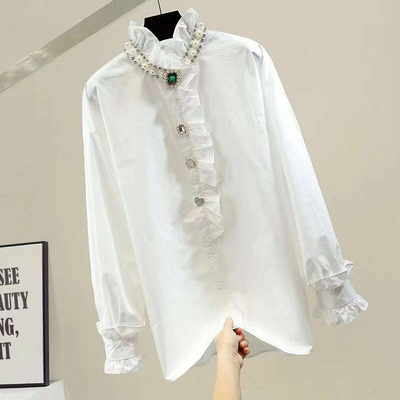 KIMLUD, 2024 Spring Autumn Fashion Black White Blouse for Women Luxury Beads Diamonds Collar Bottoming Shirt Loose Oversized 6XL Top, KIMLUD Womens ClothesKIMLUD, 2024 Spring Autumn Fashion Black White Blouse for Women Luxury Beads Diamonds Collar Bottoming Shirt Loose Oversized 6XL Top, WHITE / XXL, KIMLUD APPAREL - Womens Clothes