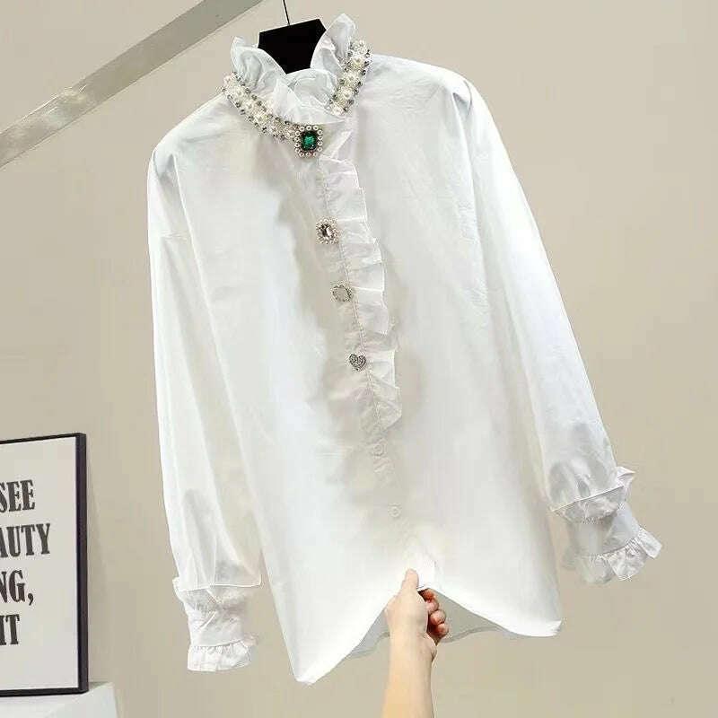 KIMLUD, 2024 Spring Autumn Fashion Black White Blouse for Women Beads Diamonds Collar Bottoming Shirt Loose Oversized 6XL Top, KIMLUD Womens Clothes