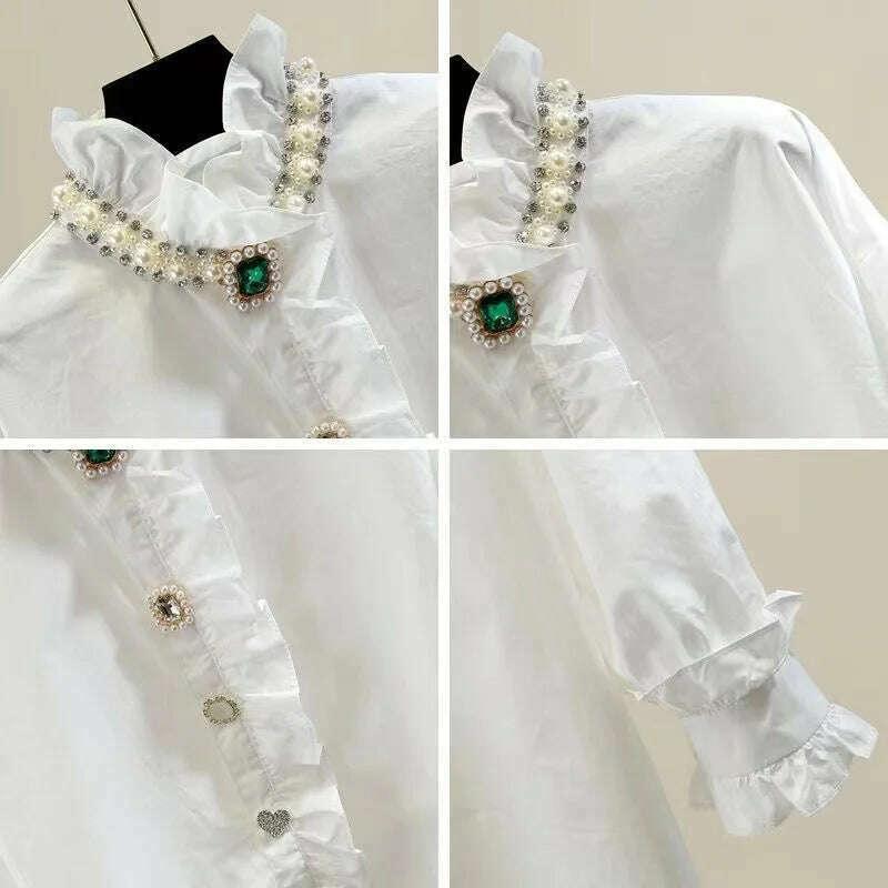 KIMLUD, 2024 Spring Autumn Fashion Black White Blouse for Women Beads Diamonds Collar Bottoming Shirt Loose Oversized 6XL Top, KIMLUD Womens Clothes