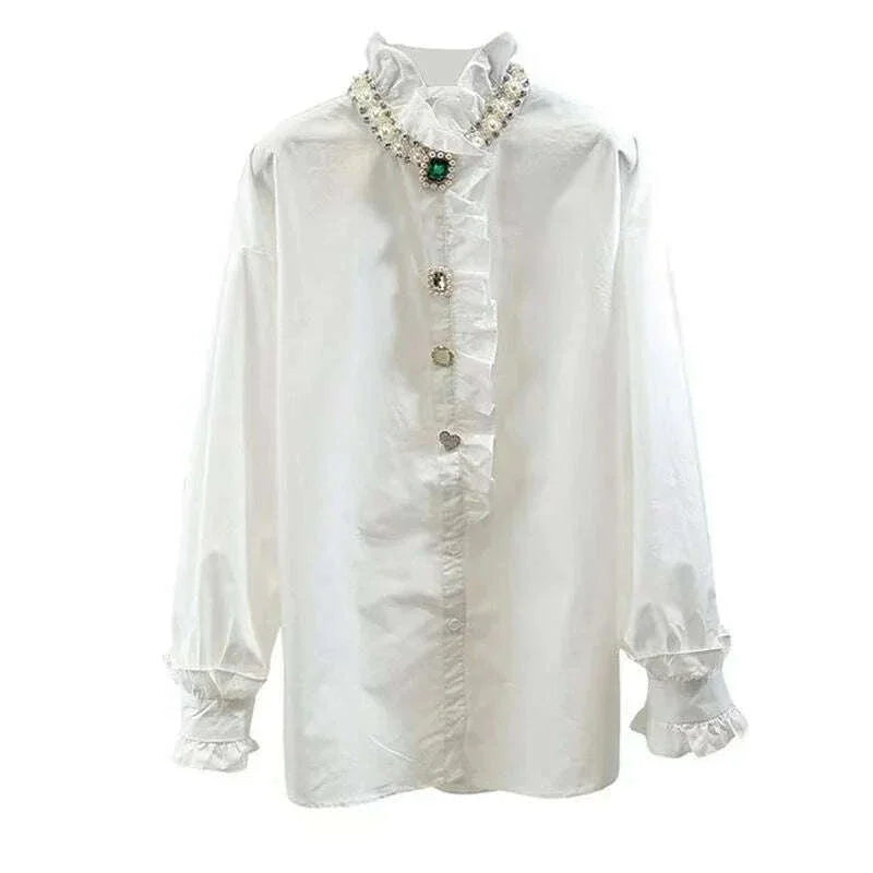 KIMLUD, 2024 Spring Autumn Fashion Black White Blouse for Women Beads Diamonds Collar Bottoming Shirt Loose Oversized 6XL Top, KIMLUD Womens Clothes