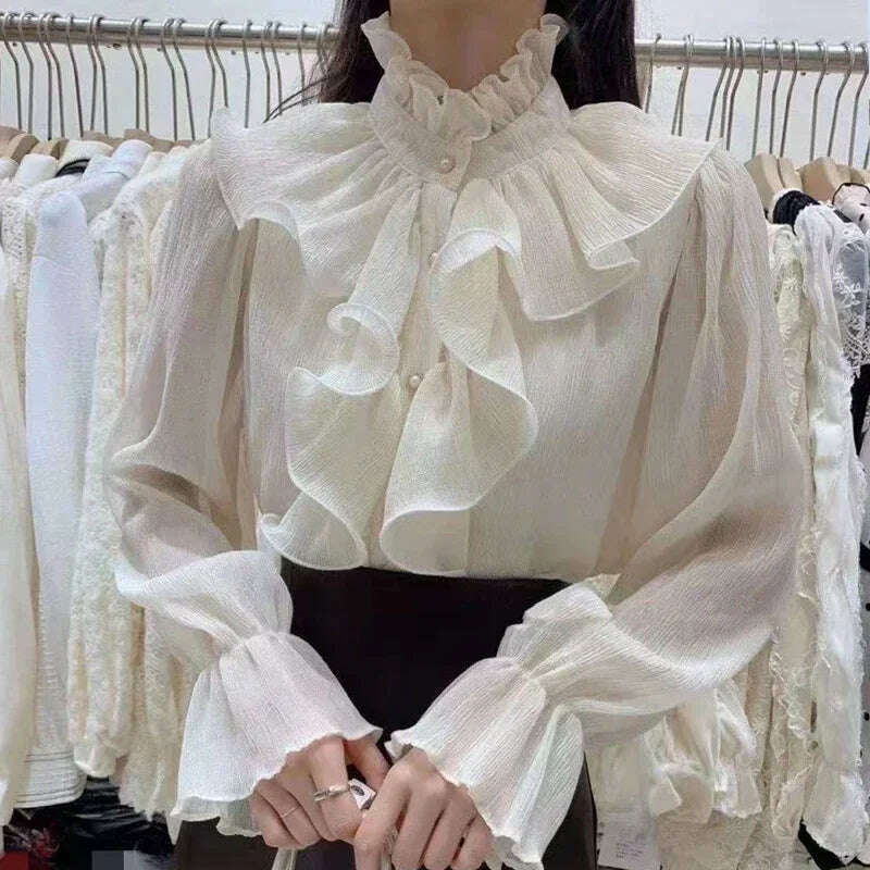KIMLUD, 2024 Spring Lace Ruffle Chiffon Shirts and Blouses Women Long Flare Sleeve Buttons Ruched Loose Tops Stand Collar Blusas 12946, KIMLUD Womens Clothes