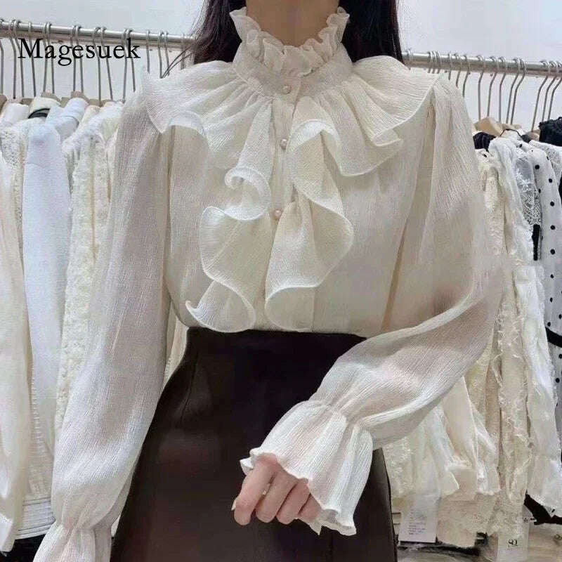 KIMLUD, 2024 Spring Lace Ruffle Chiffon Shirts and Blouses Women Long Flare Sleeve Buttons Ruched Loose Tops Stand Collar Blusas 12946, KIMLUD Womens Clothes