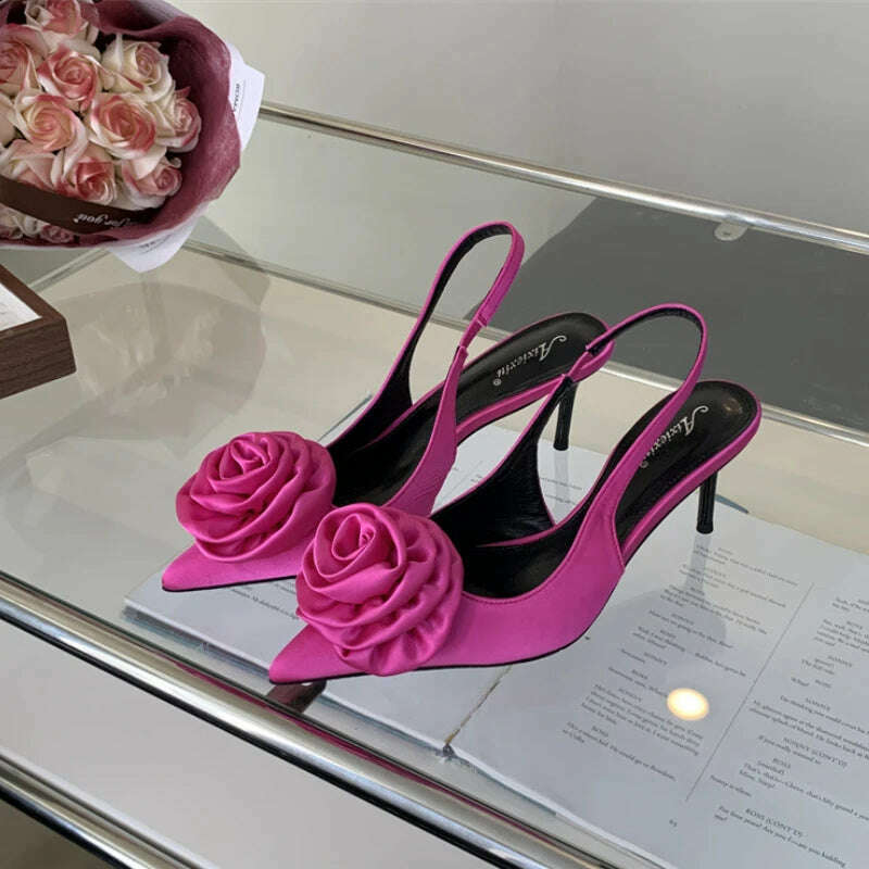 2024 Spring New Elegant Women's High Heels Silk Flower Pointed Toe Sandals Fine Heel Slingback Shoes Women's Dress Banquet Shoes - KIMLUD