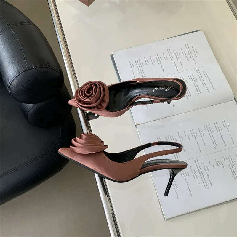2024 Spring New Elegant Women's High Heels Silk Flower Pointed Toe Sandals Fine Heel Slingback Shoes Women's Dress Banquet Shoes - KIMLUD