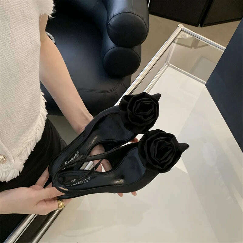 2024 Spring New Elegant Women's High Heels Silk Flower Pointed Toe Sandals Fine Heel Slingback Shoes Women's Dress Banquet Shoes - KIMLUD