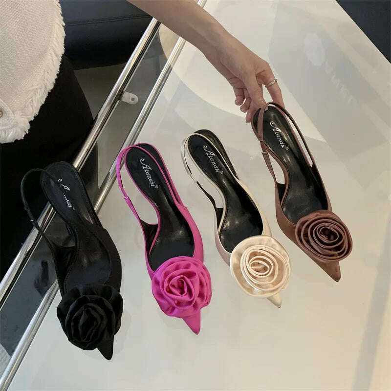 2024 Spring New Elegant Women's High Heels Silk Flower Pointed Toe Sandals Fine Heel Slingback Shoes Women's Dress Banquet Shoes - KIMLUD