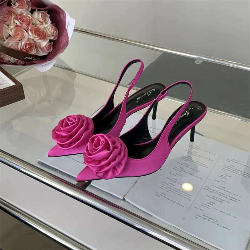 2024 Spring New Elegant Women's High Heels Silk Flower Pointed Toe Sandals Fine Heel Slingback Shoes Women's Dress Banquet Shoes - KIMLUD