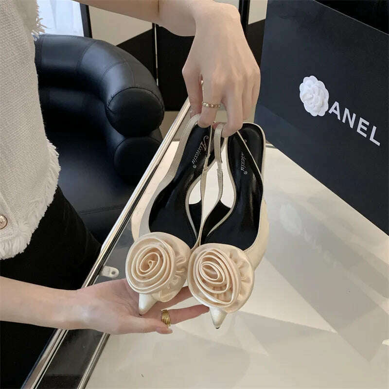 2024 Spring New Elegant Women's High Heels Silk Flower Pointed Toe Sandals Fine Heel Slingback Shoes Women's Dress Banquet Shoes - KIMLUD