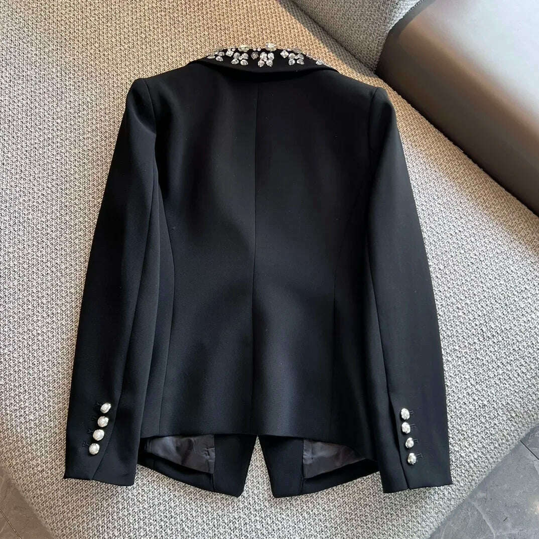 KIMLUD, 2024 Spring Summer New Black diamond studded double breasted heavy Industry Nail Beads shawl collar woman suit jacket coat, KIMLUD Womens Clothes