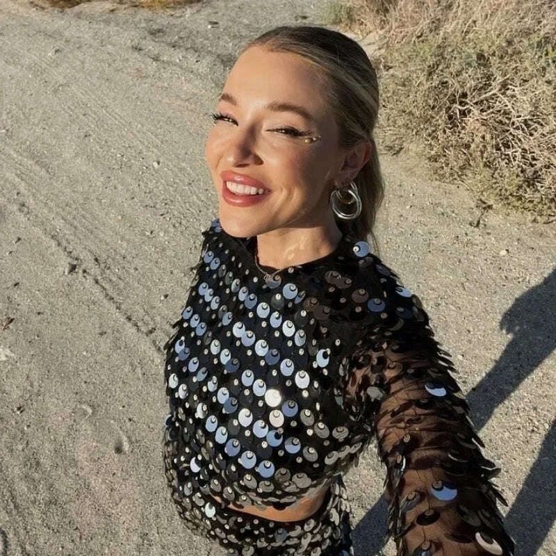 2024 Spring Summer New Dress Women's Fashion Solid Color Sequined Flare Sleeve Dress Women's Sexy O-Neck Irregular Mini Dress - KIMLUD