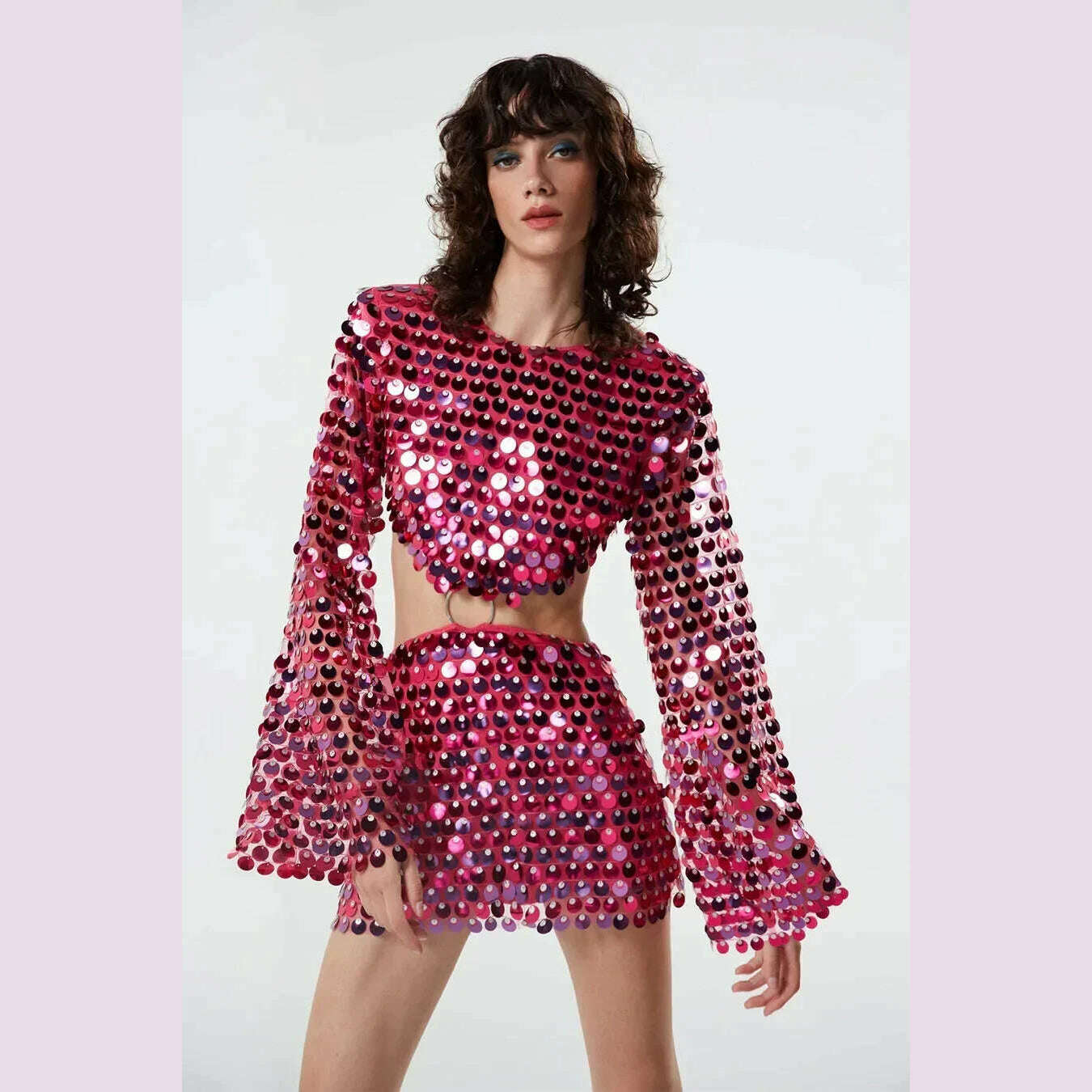 2024 Spring Summer New Dress Women's Fashion Solid Color Sequined Flare Sleeve Dress Women's Sexy O-Neck Irregular Mini Dress - KIMLUD