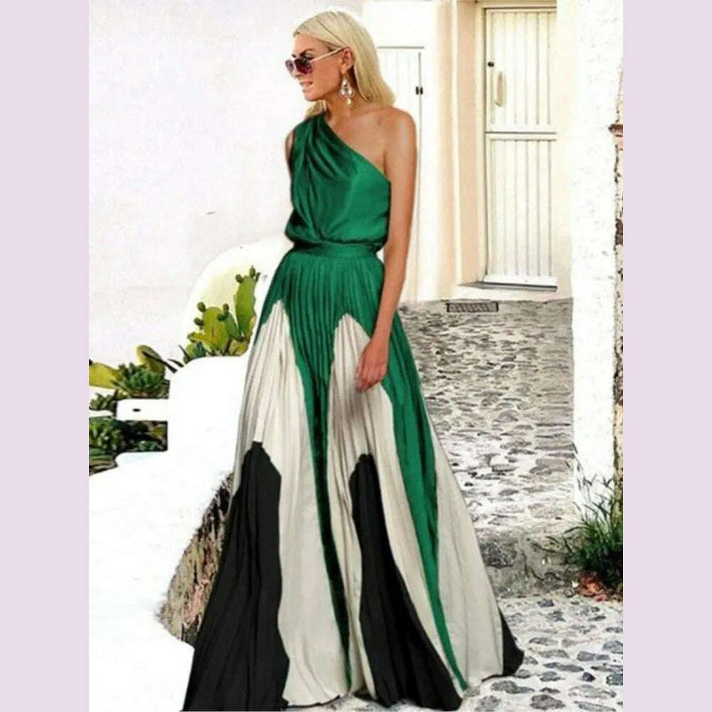 2024 Spring Summer New One Shoulder Dresses Women Splicing Print Off Shoulder  Loose Long Dress Fashion Ladies Commuting Vestidos