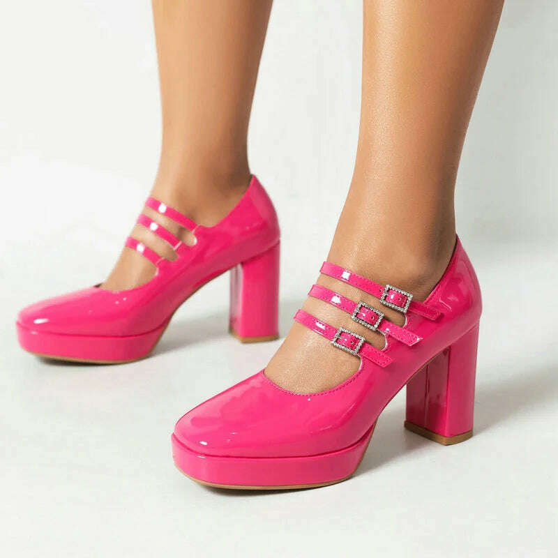 2024 Spring Women High Heel Shoes Platform Thick High Heel Ladies Pumps PU Leather Square Toe Buckle Dress Fashion Women Shoes - KIMLUD