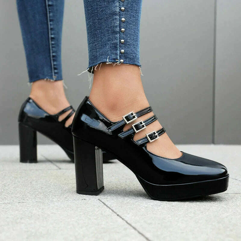 2024 Spring Women High Heel Shoes Platform Thick High Heel Ladies Pumps PU Leather Square Toe Buckle Dress Fashion Women Shoes - KIMLUD
