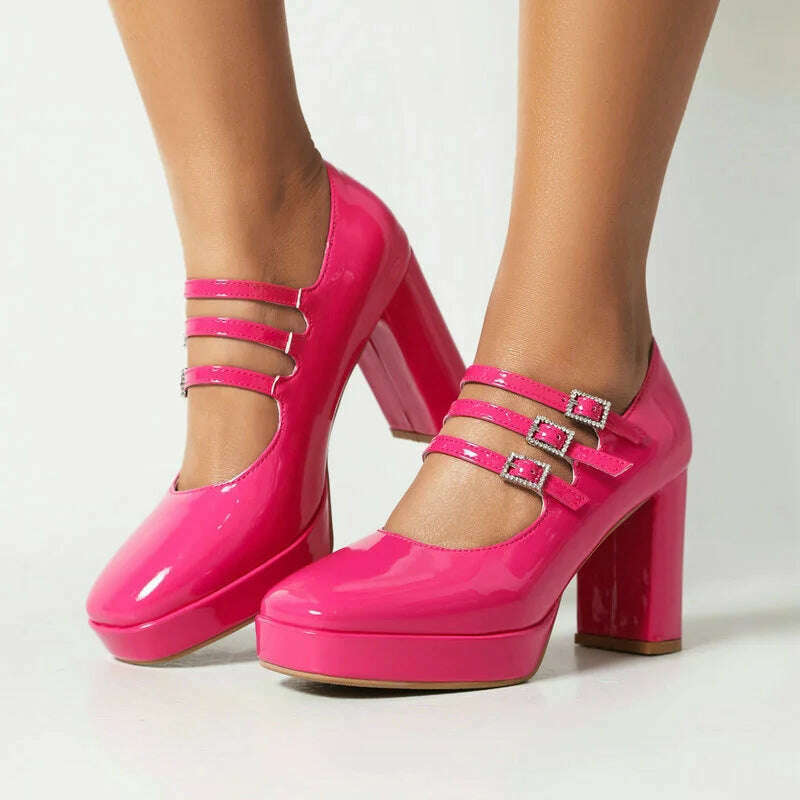 2024 Spring Women High Heel Shoes Platform Thick High Heel Ladies Pumps PU Leather Square Toe Buckle Dress Fashion Women Shoes - KIMLUD