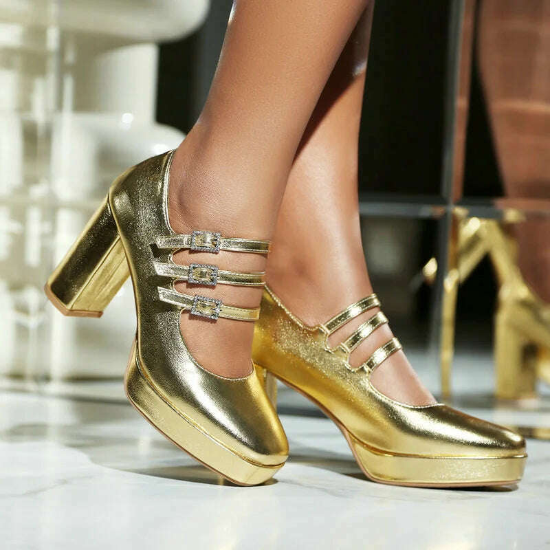 2024 Spring Women High Heel Shoes Platform Thick High Heel Ladies Pumps PU Leather Square Toe Buckle Dress Fashion Women Shoes - KIMLUD