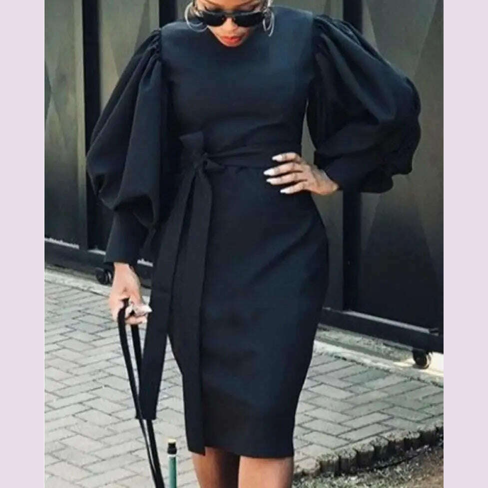 2024 Spring Women's Long Dress Black Lantern Sleeve Bandage Elegant Dr