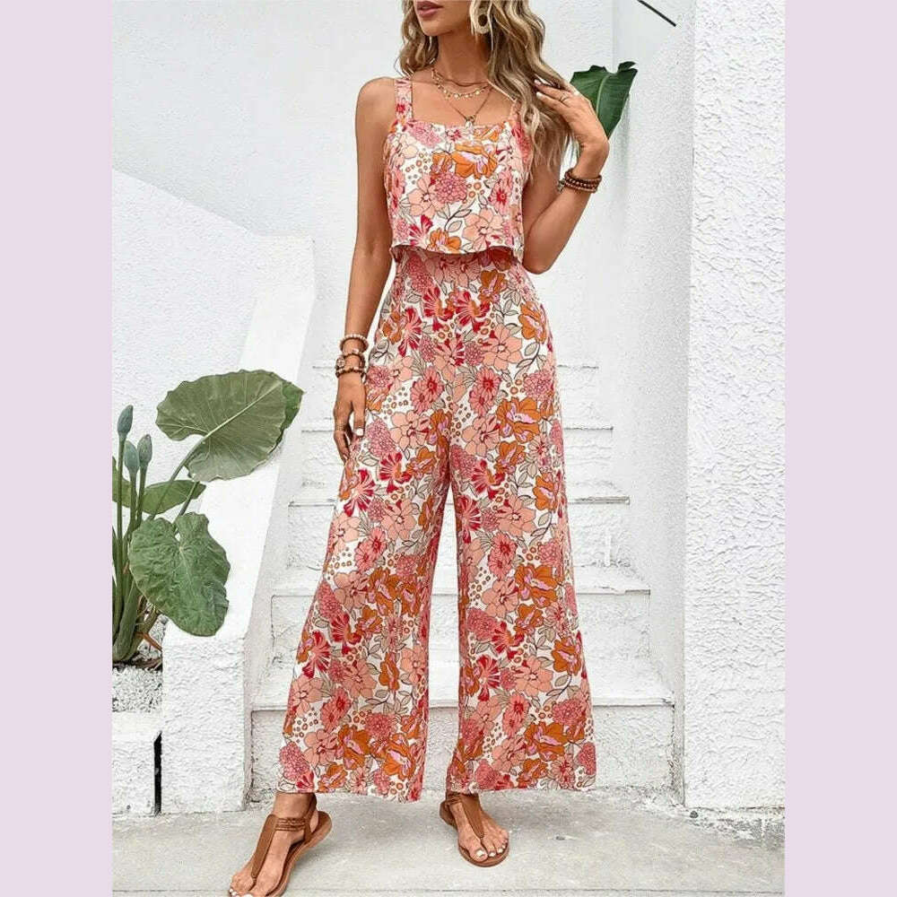 2024 Summer Elegant Long Jumpsuit Women Sexy Backless Wide Leg Casual Sleeveless Floral Rompers Summer Clothes Jumpsuits - KIMLUD
