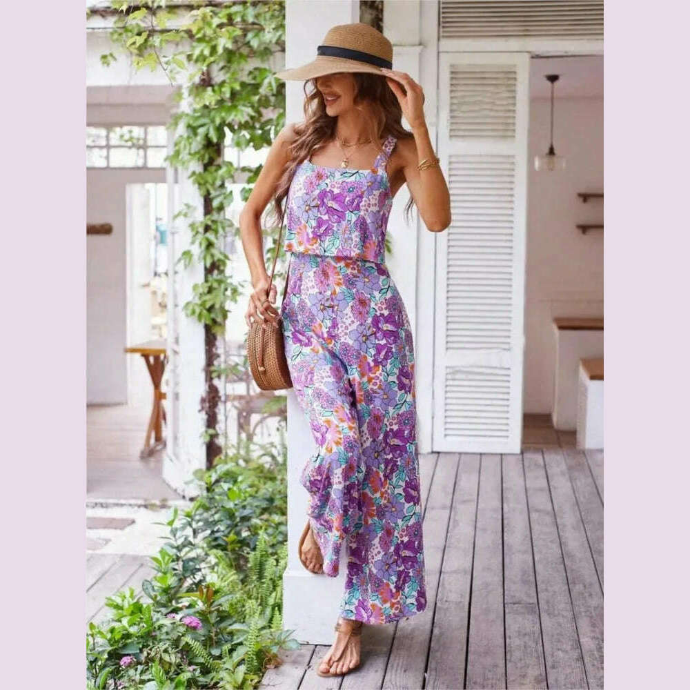 2024 Summer Elegant Long Jumpsuit Women Sexy Backless Wide Leg Casual Sleeveless Floral Rompers Summer Clothes Jumpsuits - KIMLUD