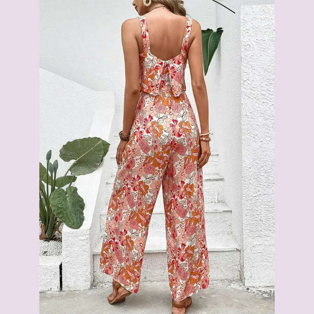 2024 Summer Elegant Long Jumpsuit Women Sexy Backless Wide Leg Casual Sleeveless Floral Rompers Summer Clothes Jumpsuits - KIMLUD