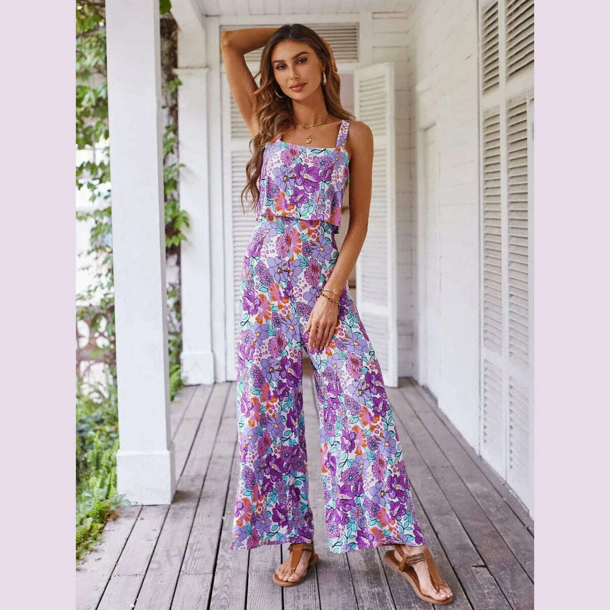 2024 Summer Elegant Long Jumpsuit Women Sexy Backless Wide Leg Casual Sleeveless Floral Rompers Summer Clothes Jumpsuits - KIMLUD