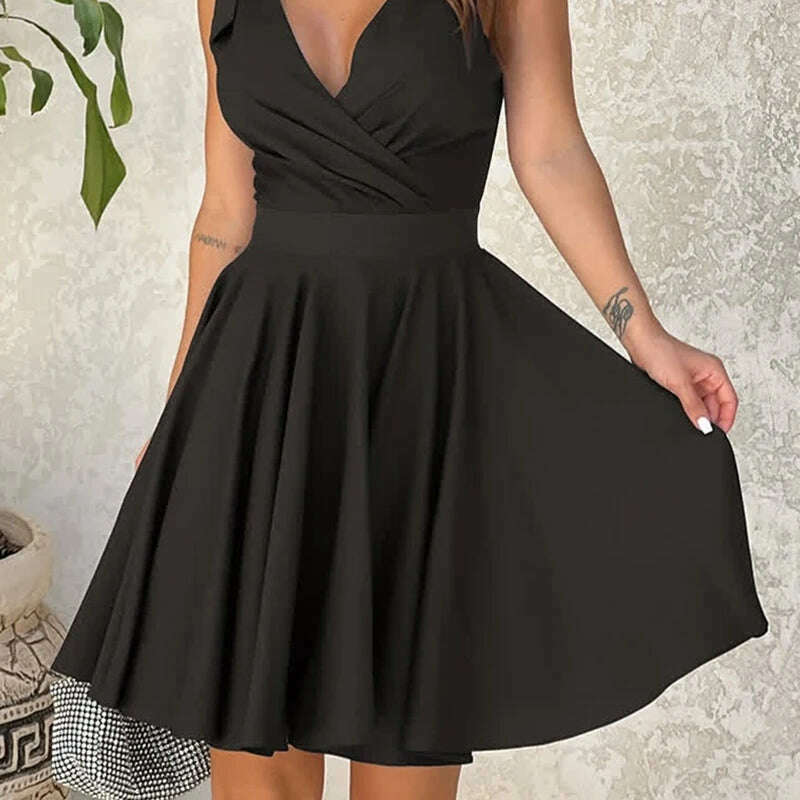 2024 Summer Fashion Elegance Solid Sleeveless Women Dresses Party Sexy Bow Chiffon V-Neck Lady Dress Flounce Women Dress 9208 - KIMLUD