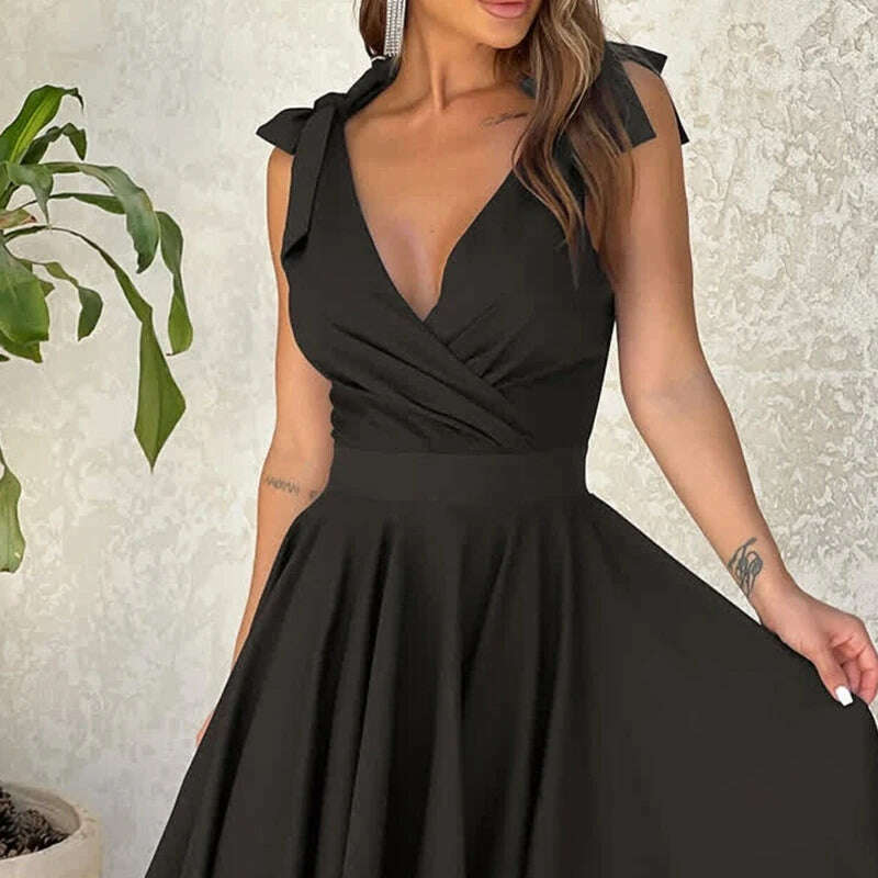 2024 Summer Fashion Elegance Solid Sleeveless Women Dresses Party Sexy Bow Chiffon V-Neck Lady Dress Flounce Women Dress 9208 - KIMLUD