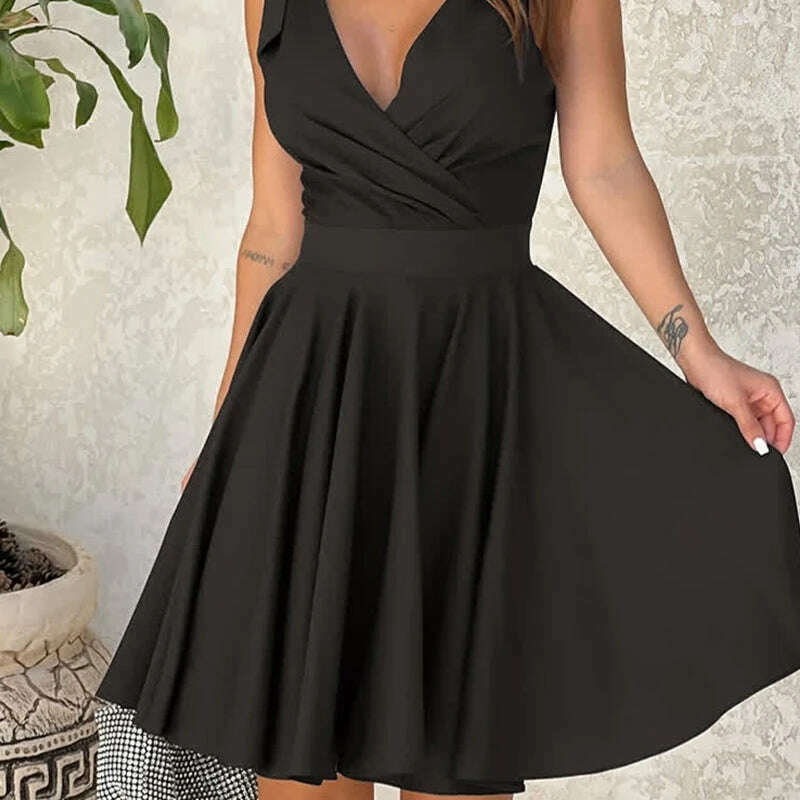 2024 Summer Fashion Elegance Solid Sleeveless Women Dresses Party Sexy Bow Chiffon V-Neck Lady Dress Flounce Women Dress 9208 - KIMLUD