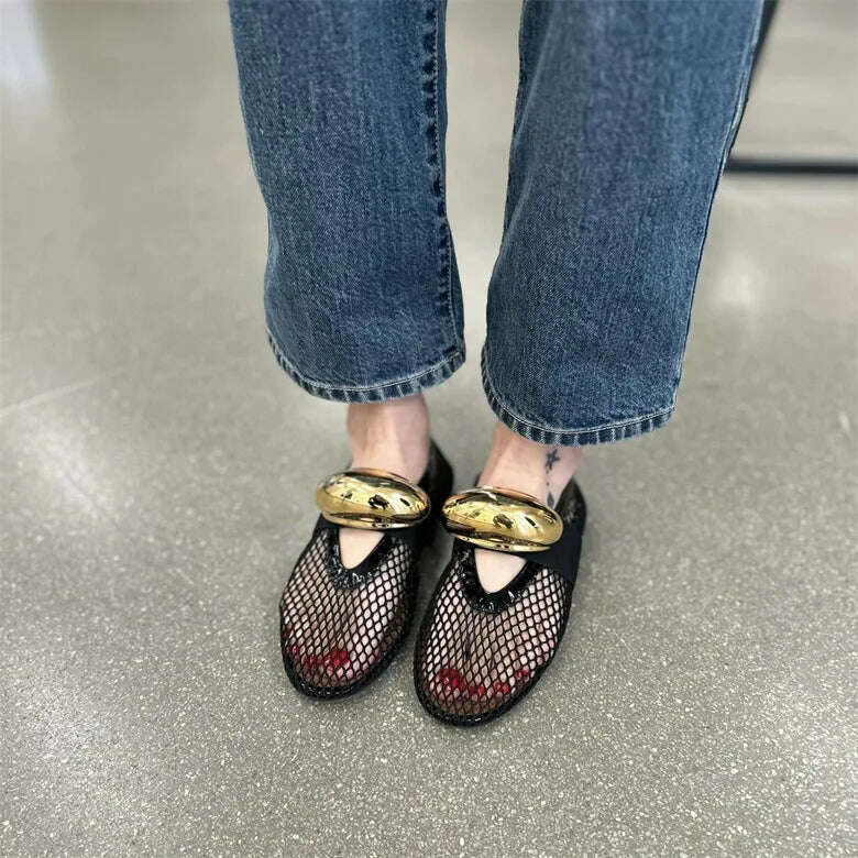 KIMLUD, 2024 Summer New Round Head Mesh Hollow Sandals Fashionable and Comfortable Flat Bottom Women's Sandals, KIMLUD Womens Clothes