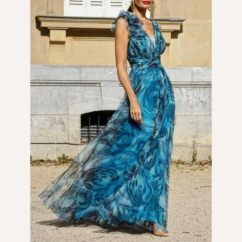KIMLUD, 2024 Summer New Women's Bohemian Holiday Wind Flower Dolorita Large Swing Skirt Printing Dress Long Maxi Loose Dresses, Blue / S, KIMLUD Womens Clothes