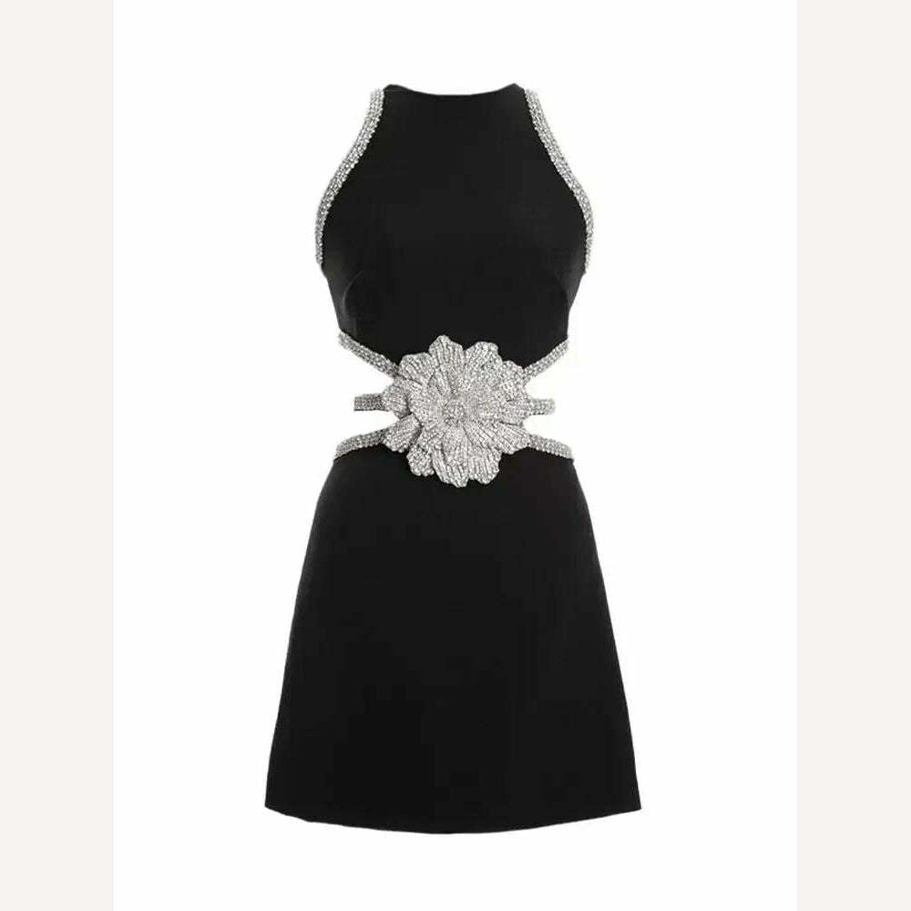 KIMLUD, 2024 Summer New Women's Sexy Sleeveless O-Neck Hollow Diamond Flower Wrap Hip Mini Dress Bodycon Celebrity Party Evening Dress, black / XS, KIMLUD Womens Clothes