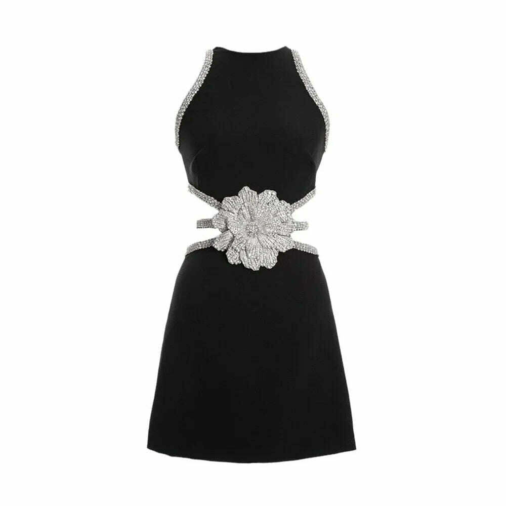 KIMLUD, 2024 Summer New Women's Sexy Sleeveless O-Neck Hollow Diamond Flower Wrap Hip Mini Dress Bodycon Celebrity Party Evening Dress, KIMLUD Womens Clothes