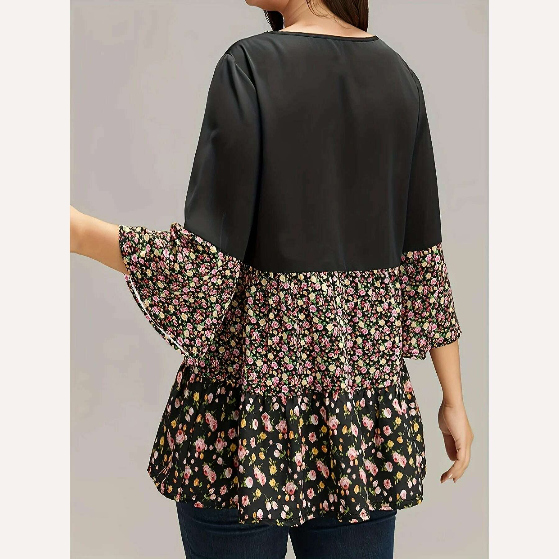 KIMLUD, 2024 summer women's floral patchwork print, casual elegant round neck plus size dress, KIMLUD Womens Clothes