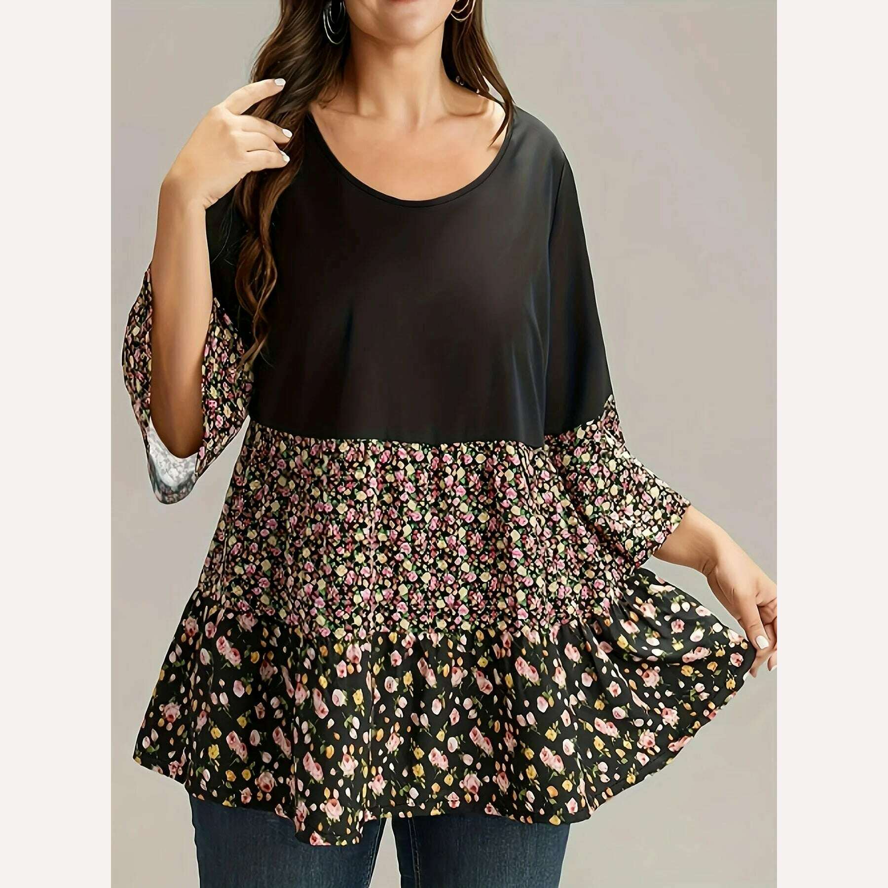 KIMLUD, 2024 summer women's floral patchwork print, casual elegant round neck plus size dress, Black / 4XL, KIMLUD Womens Clothes