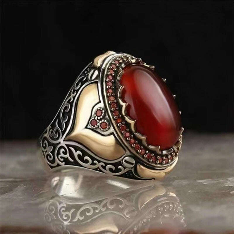 2024 Vintage Pattern Handmade Men Rings Retro Geometric Red Agate Stone Rings For Men Retro Islamic Jewelry Accessories - KIMLUD