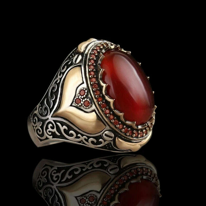 2024 Vintage Pattern Handmade Men Rings Retro Geometric Red Agate Stone Rings For Men Retro Islamic Jewelry Accessories - KIMLUD