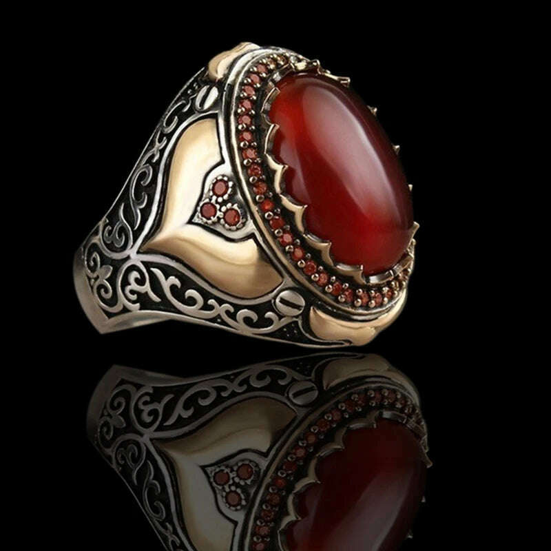 2024 Vintage Pattern Handmade Men Rings Retro Geometric Red Agate Stone Rings For Men Retro Islamic Jewelry Accessories - KIMLUD