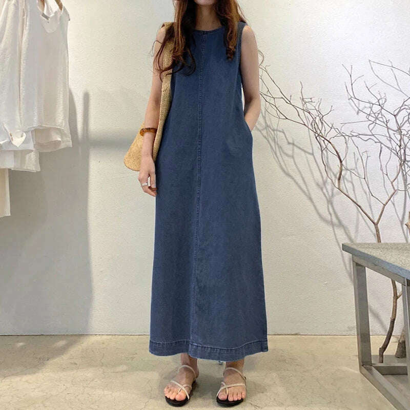 KIMLUD, 2024 VONDA Elegant Women Denim Pleated Long Sundress Fashion Casual Loose Sleeveless Robe Summer A-Line Maxi Vestido Oversized, Navy / S, KIMLUD Womens Clothes