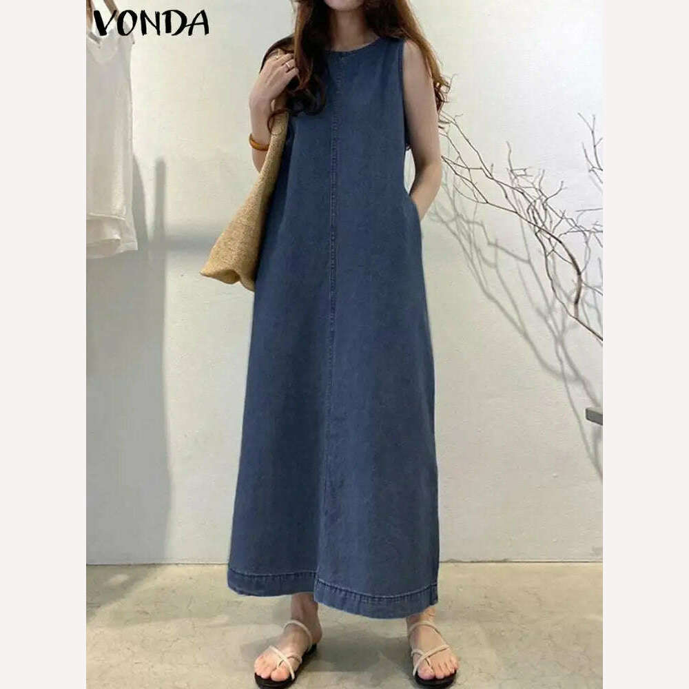 KIMLUD, 2024 VONDA Elegant Women Denim Pleated Long Sundress Fashion Casual Loose Sleeveless Robe Summer A-Line Maxi Vestido Oversized, KIMLUD Womens Clothes