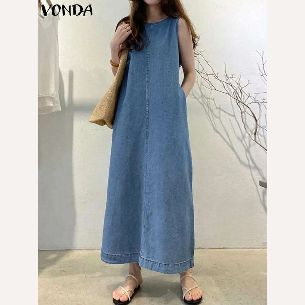 KIMLUD, 2024 VONDA Elegant Women Denim Pleated Long Sundress Fashion Casual Loose Sleeveless Robe Summer A-Line Maxi Vestido Oversized, KIMLUD Womens Clothes