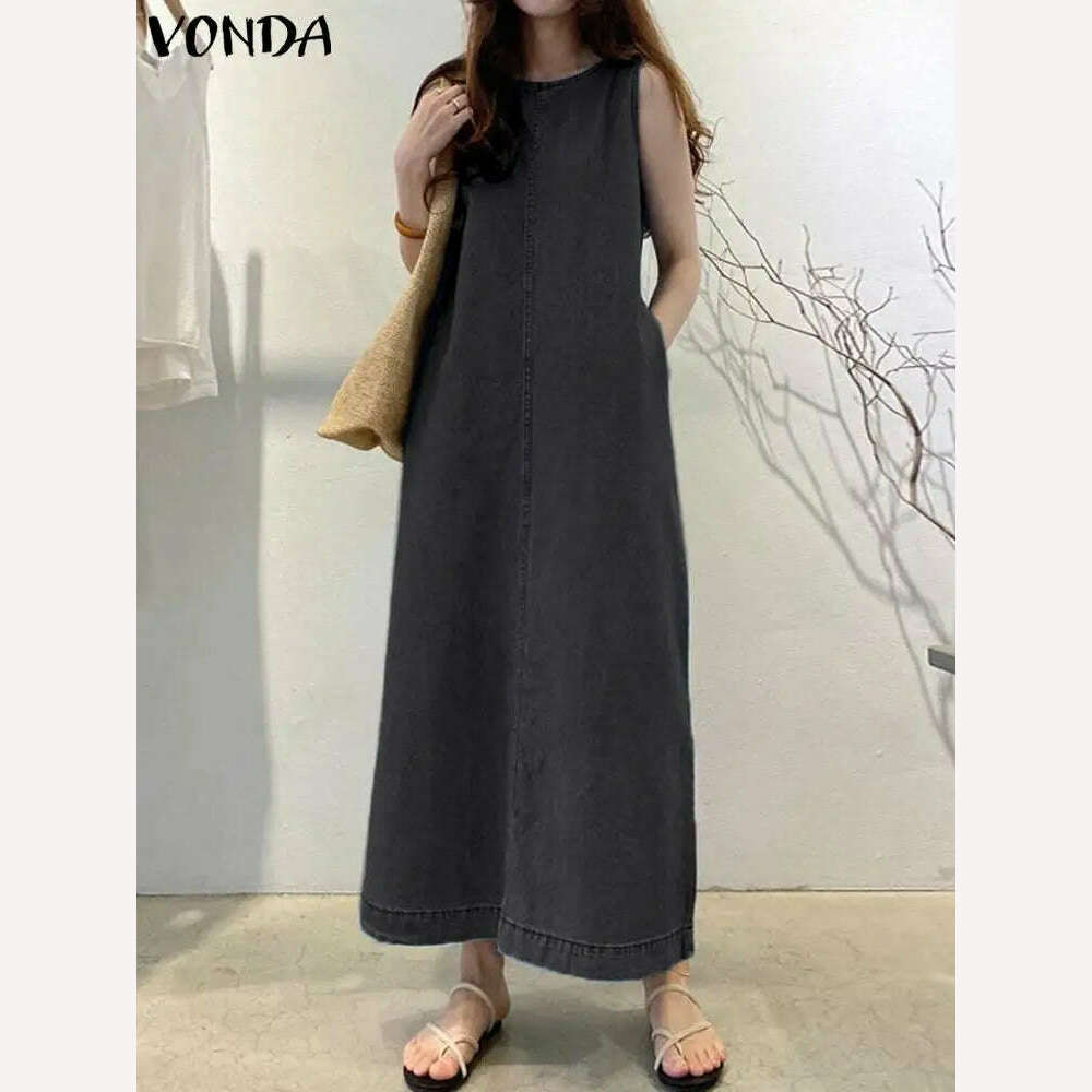 KIMLUD, 2024 VONDA Elegant Women Denim Pleated Long Sundress Fashion Casual Loose Sleeveless Robe Summer A-Line Maxi Vestido Oversized, KIMLUD Womens Clothes