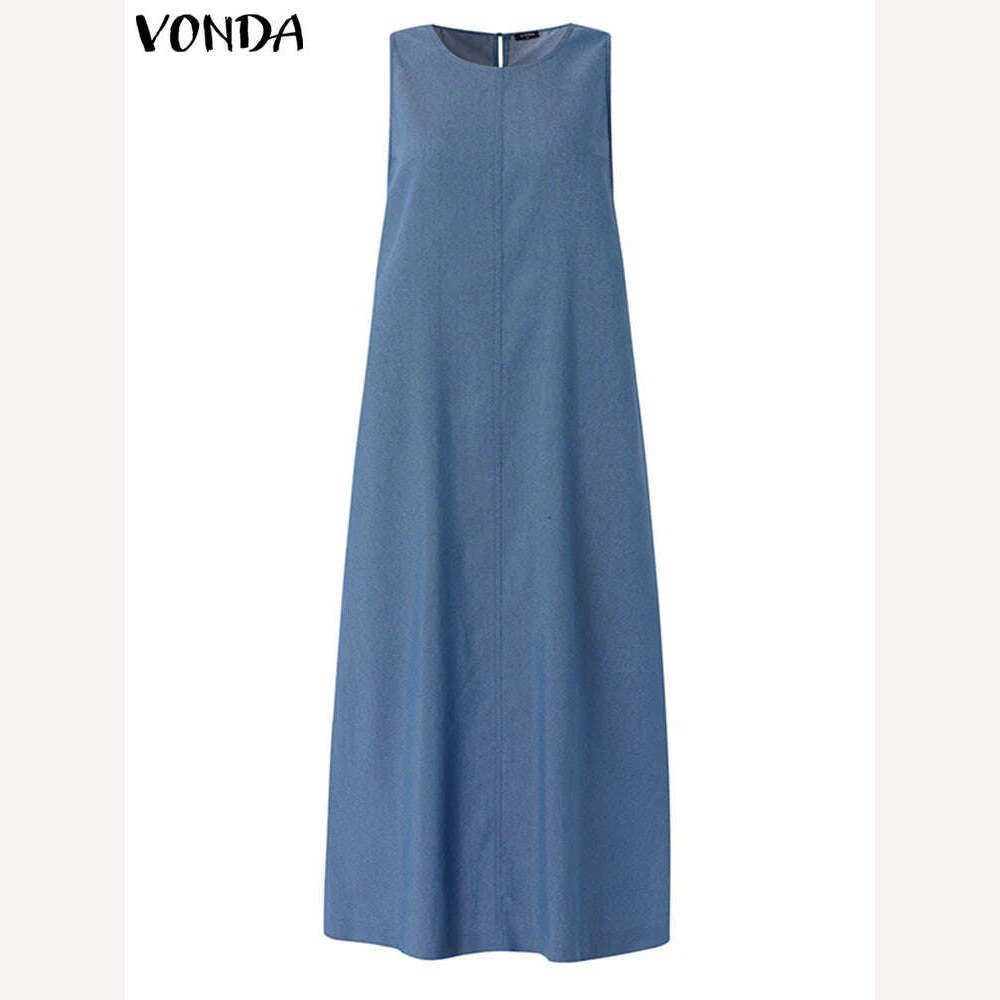 KIMLUD, 2024 VONDA Elegant Women Denim Pleated Long Sundress Fashion Casual Loose Sleeveless Robe Summer A-Line Maxi Vestido Oversized, KIMLUD Womens Clothes