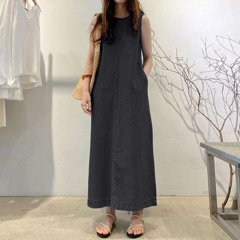 KIMLUD, 2024 VONDA Elegant Women Denim Pleated Long Sundress Fashion Casual Loose Sleeveless Robe Summer A-Line Maxi Vestido Oversized, Black / 4XL, KIMLUD Womens Clothes